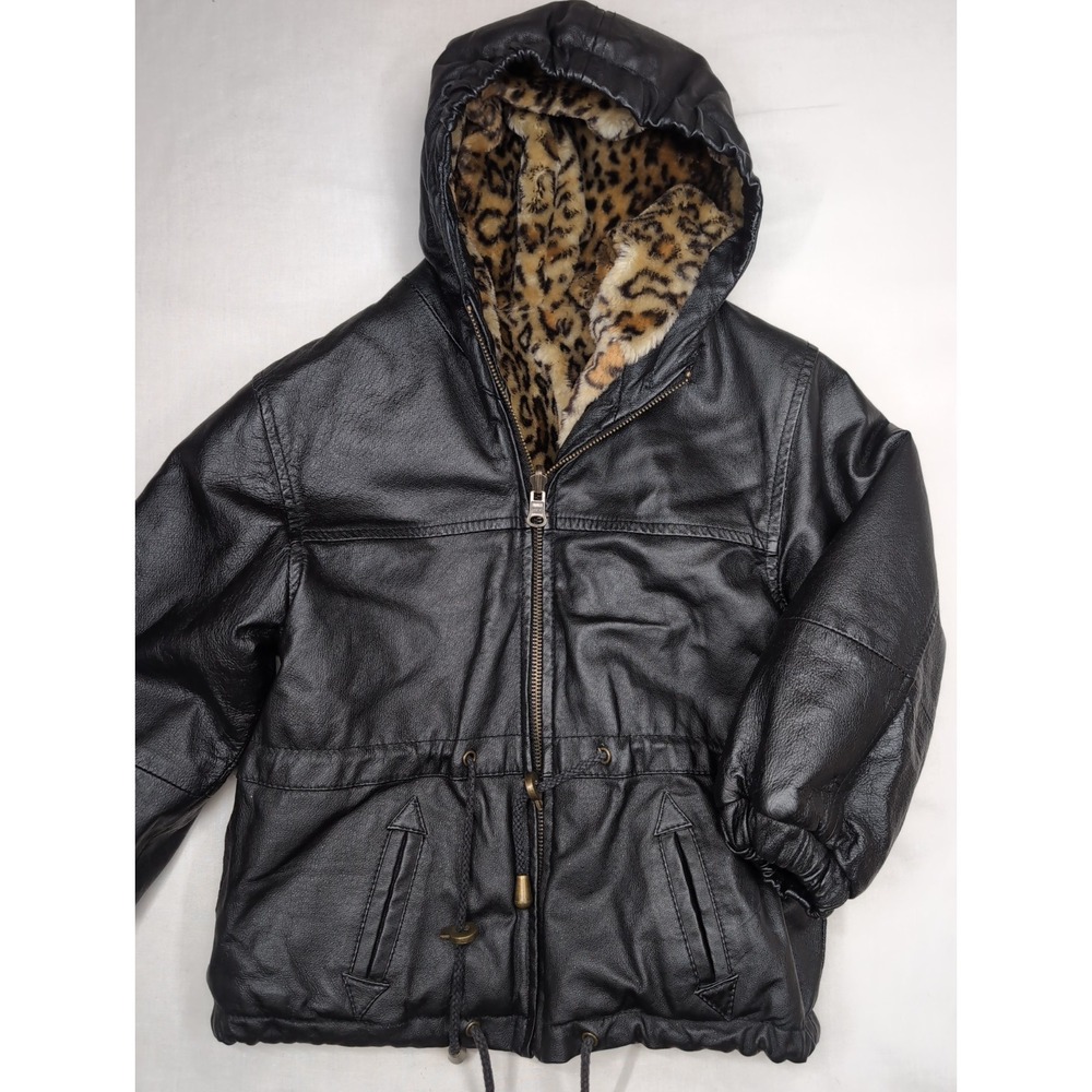 Girls 3T Black Leather Jacket Hood Plush Leopard Faux Fur Lining Reversible